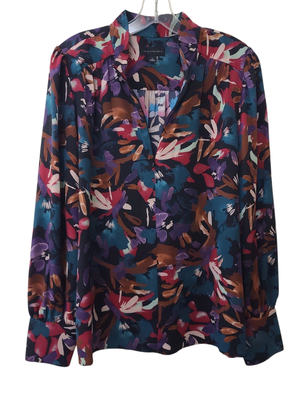 Investments Multi-Color Abstract Floral V-Neck Blouse